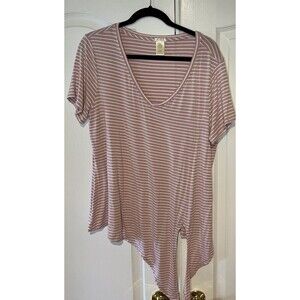 Matty M Women Stretch Knit Short Sleeve V-Neck Side Tie Tee Shirt Pink Stripe XL